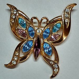 Gold toned multi-colored butterfly brooch